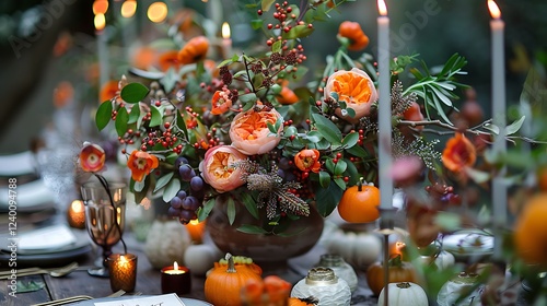 Stunning autumnal table setting featuring a vibrant floral arrangement, pumpkins, and candles. Perfect for Thanksgiving or a fall wedding.