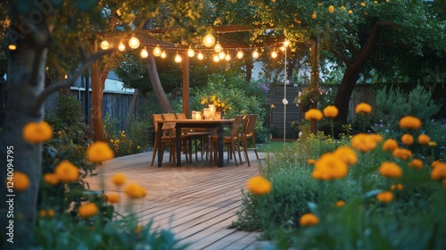 Intimate garden setting, abundant marigold blooms, natural wood deck perspective, festoon light decoration, garden dining area, organic landscape design, evening garden glow, atmospheric photography