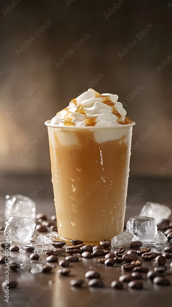 Iced coffee drink with whipped cream and caramel drizzle on a dark surface with ice and beans Iced coffee drink with whipped cream and caramel drizzle on a dark surface with ice and beans