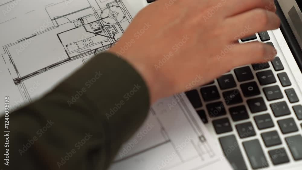 Architect or engineer designing structure with construction detail blueprint display in laptop on table and writing data on architectural document for accuracy at modern office. Closeup. Delineation.