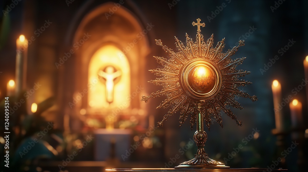 Obraz premium The golden monstrance with a little transparent crystal center consecrated host church defocused background