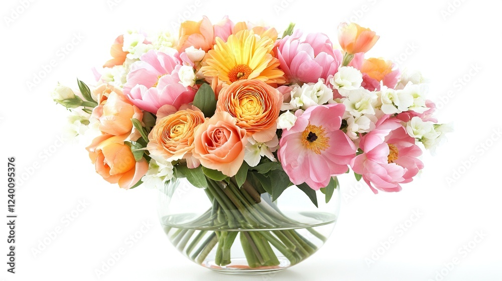 Obraz premium Fresh Spring Flowers in Glass Vase Celebrating International Women's Day with Soft Pastel Tones and Contemporary Elegance