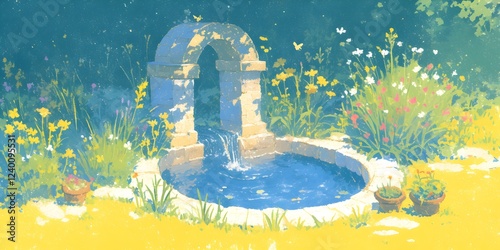 illustration with children's drawing style for landscape meadow and clear skies