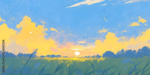 illustration with children's drawing style for landscape meadow and clear skies