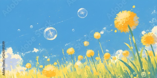 illustration with children's drawing style for landscape meadow and clear skies