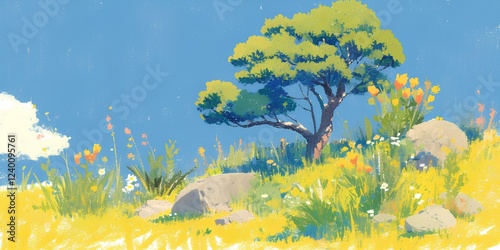 illustration with children's drawing style for landscape meadow and clear skies