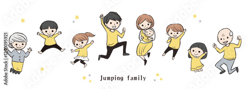 ジャンプするファミリー　三世代家族　イラスト