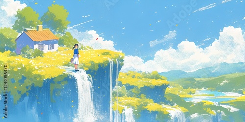 illustration with children's drawing style for landscape meadow and clear skies