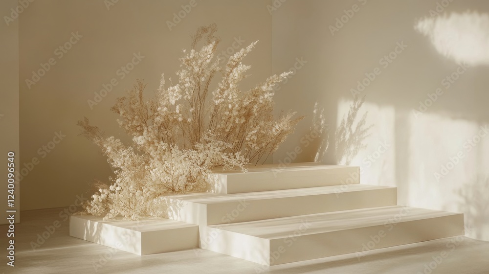 Fototapeta premium Minimalist ceremony setting, ivory dried florals, blush botanical accents, elegant stepped platform, curved architectural detail, morning light shadows, clean white aesthetic, fine art photography