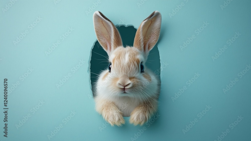 Obraz premium Adorable Rabbit Peeking Through a Hole in Blue Wall Background