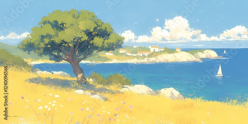 illustration with children's drawing style for landscape meadow and clear skies
