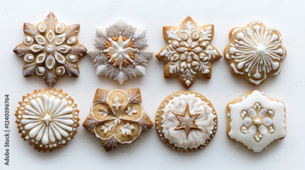 Artisanal holiday cookies, intricate icing patterns, traditional festive shapes, nordic star designs, christmas tree decorations, crystalline sugar dusting, white background styling, culinary Artisanal holiday cookies, intricate icing patterns, traditional festive shapes, nordic star designs, christmas tree decorations, crystalline sugar dusting, white background styling, culinary