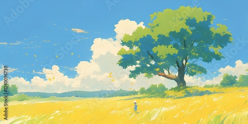 illustration with children's drawing style for landscape meadow and clear skies