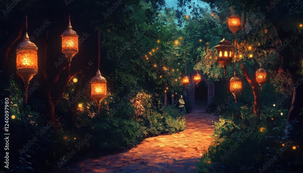 Fototapeta premium Enchanted Forest Path with Glowing Lanterns at Night