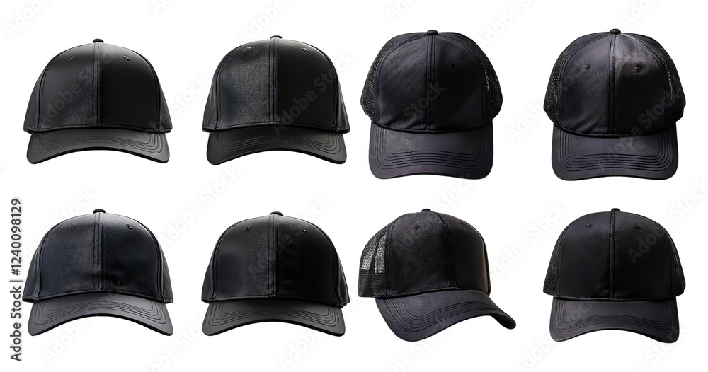 Various Black Caps Featuring Mesh and Solid Textures for Fashion Use, isolated on transparent background Various Black Caps Featuring Mesh and Solid Textures for Fashion Use, isolated on transparent background