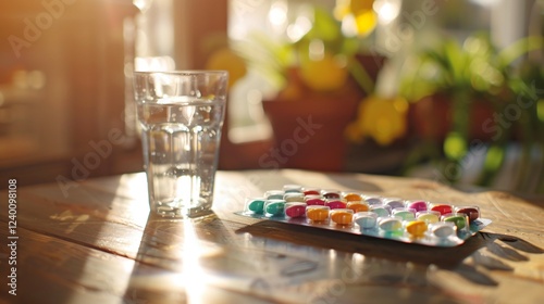 Colorful capsules in a pill organizer on a wooden table with a glass of water, representing daily medication routine for chronic illness management and health care photo