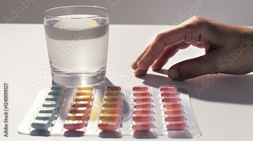 Colorful capsules in a pill organizer on a wooden table with a glass of water, representing daily medication routine for chronic illness management and health care photo