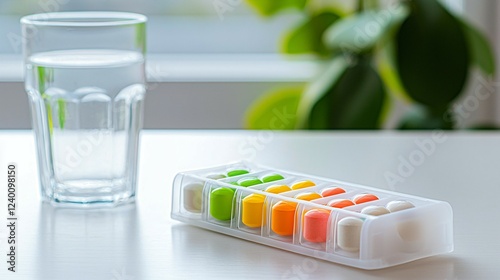 Colorful capsules in a pill organizer on a wooden table with a glass of water, representing daily medication routine for chronic illness management and health care photo