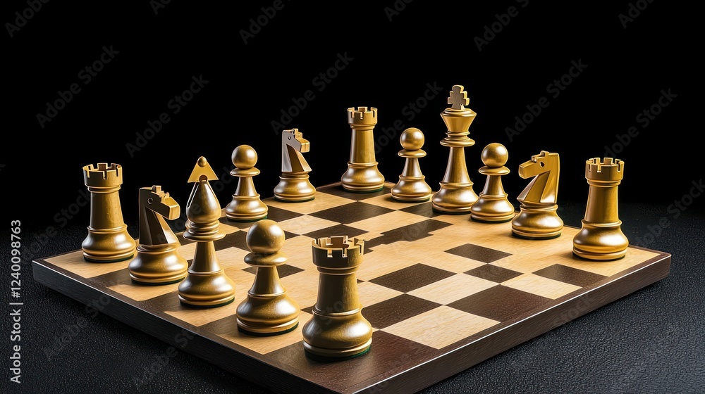 Golden Chess Set on Dark Background Golden Chess Set on Dark Background