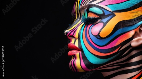 Woman with neon UV makeup and colorful face patterns, glowing softly; abstract artistry blending light and identity.