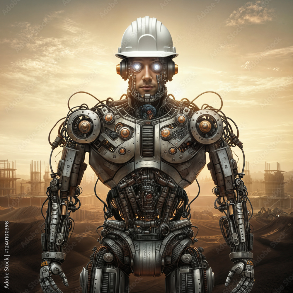 Fototapeta premium futuristic cyborg builder with mechanical parts inside body at construction site . Generative AI