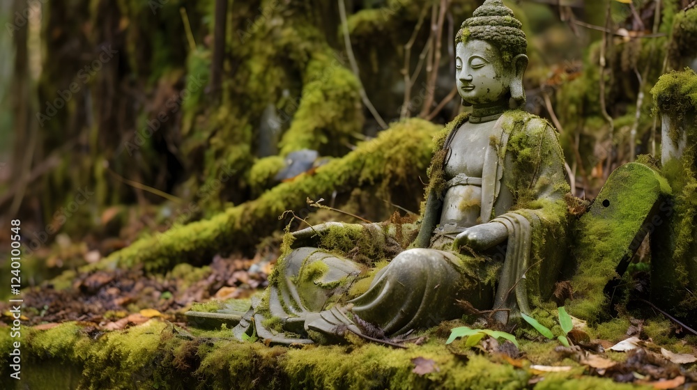 Stunning weathered ancient stone Buddha sculpture covered in lush moss and displaying a unique aged and textured surface capturing the essence of Eastern spirituality and meditation Stunning weathered ancient stone Buddha sculpture covered in lush moss and displaying a unique aged and textured surface capturing the essence of Eastern spirituality and meditation