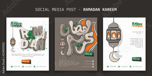 Ramadan kareem. Social media post template in portrait design with 3d art typography and lantern