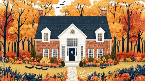 Enchanted Brick House in Autumn: A Spooky Halloween Scene photo