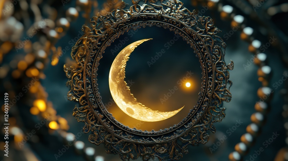 Obraz premium Glowing Crescent Moon in Ornate Frame against Dark Night Sky