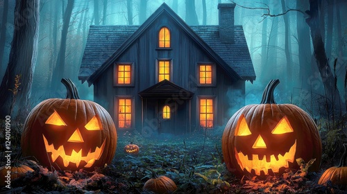 Spooky Halloween Night: Jack-o'-lanterns Illuminate a Haunted House in a Dark Forest photo