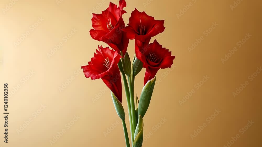 Bright red flowers arranged elegantly against a soft golden background highlighting their beauty