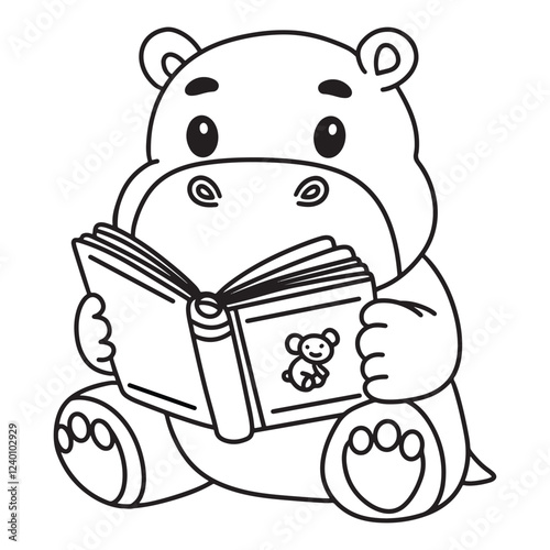Line art of baby hippo reading a book cartoon vector