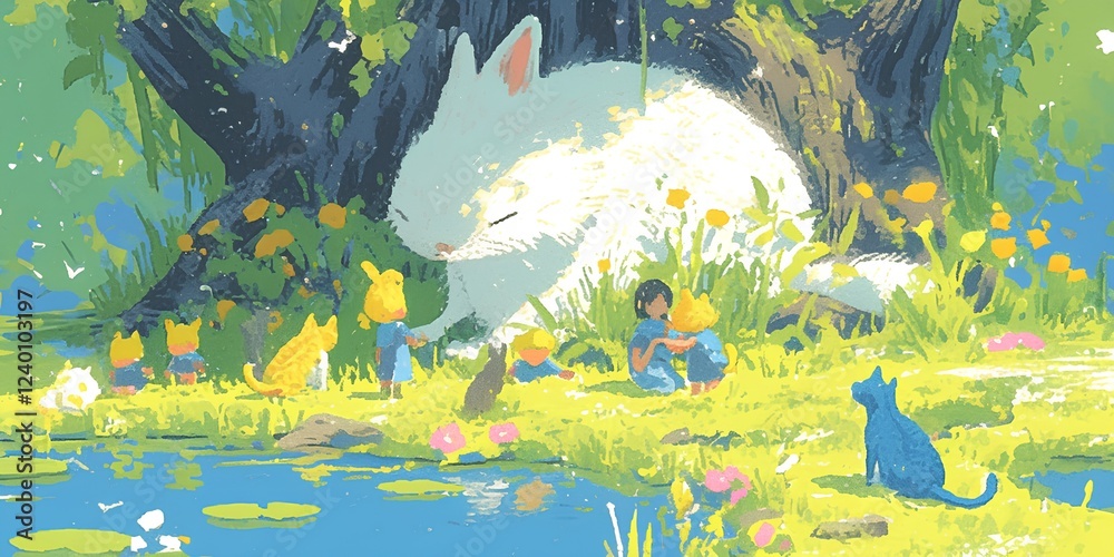 Fototapeta premium illustration with children's drawing style for kid and animal cute