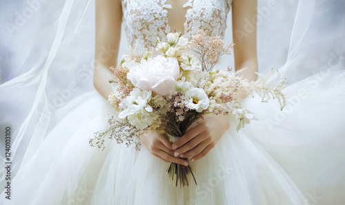 The beautiful bride is wearing a wedding dress and holding flowers