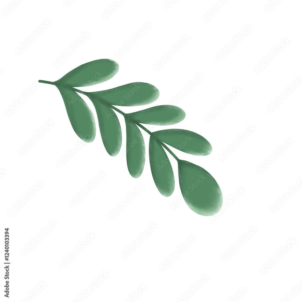 Naklejka premium Illustration of a green leaf branch with a minimalistic and modern design. Perfect for botanical themes, nature-inspired projects, eco-friendly branding, and decorative elements in graphic design.
