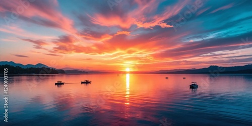 Fiery sunset paints the calm lake,boats gently bobbing on the tranquil waters.A breathtaking scene unfolds.