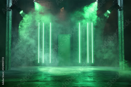 Stage with green smoke and spotlight effects, featuring a dark setting with an illuminated green door.