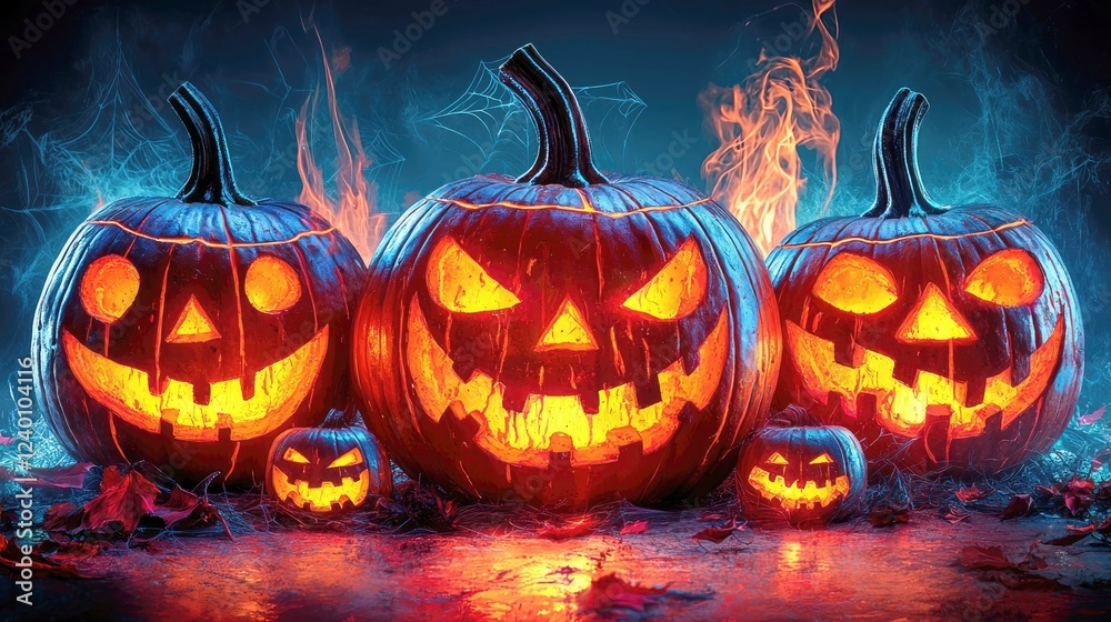 custom made wallpaper toronto digitalFiery Halloween Pumpkins: Spooky Jack-o'-lanterns glowing in the dark night. A captivating autumn celebration image.