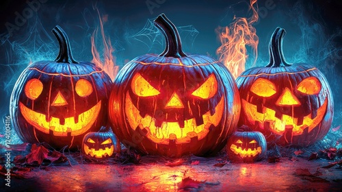 Wallpaper Mural Fiery Halloween Pumpkins: Spooky Jack-o'-lanterns glowing in the dark night. A captivating autumn celebration image. Torontodigital.ca