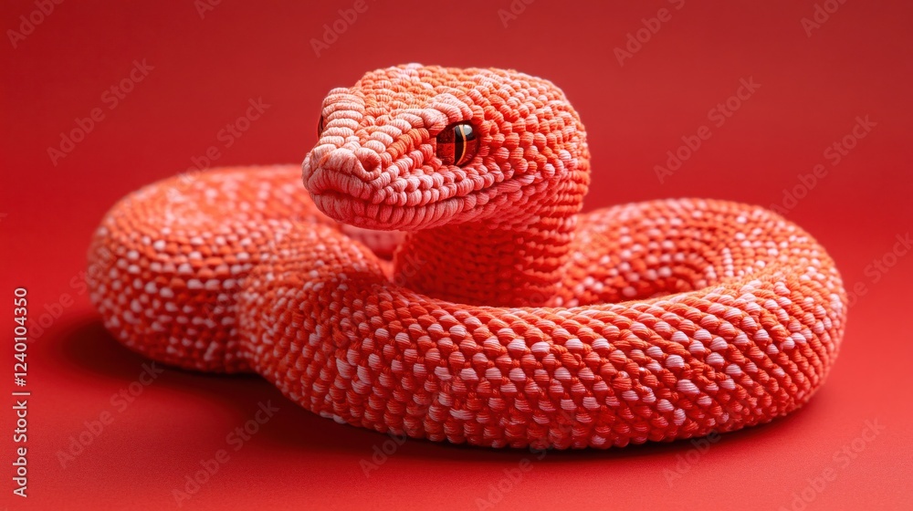 Fototapeta premium Knitted snake coiled on a red background with detailed texture and a striking eye