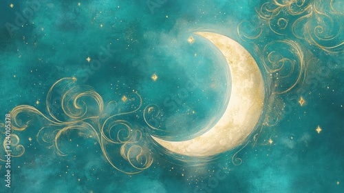 Golden Crescent Moon in a Teal Night Sky