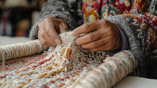 a woman is working on a rug photo