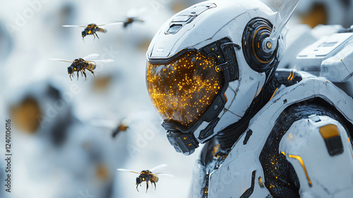 a robot with a lot of bees flying around photo