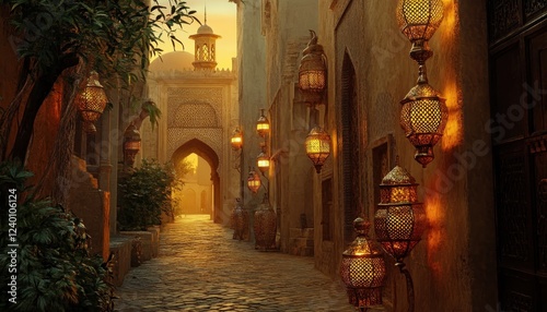 Golden Hour in Ancient City Street with Illuminated Lanterns