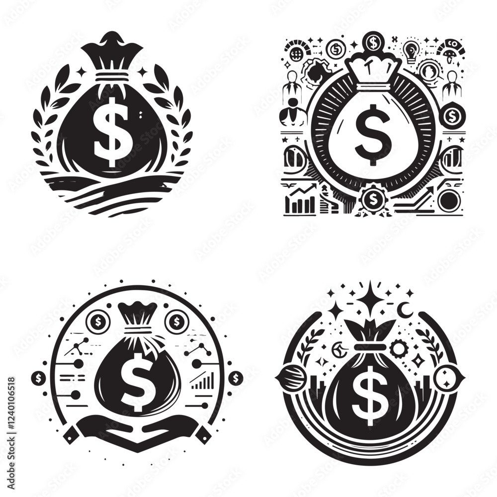 Obraz premium Black and White Money Bag Icon Set with Dollar Sign for Finance, Banking, Investment, and Business Concepts