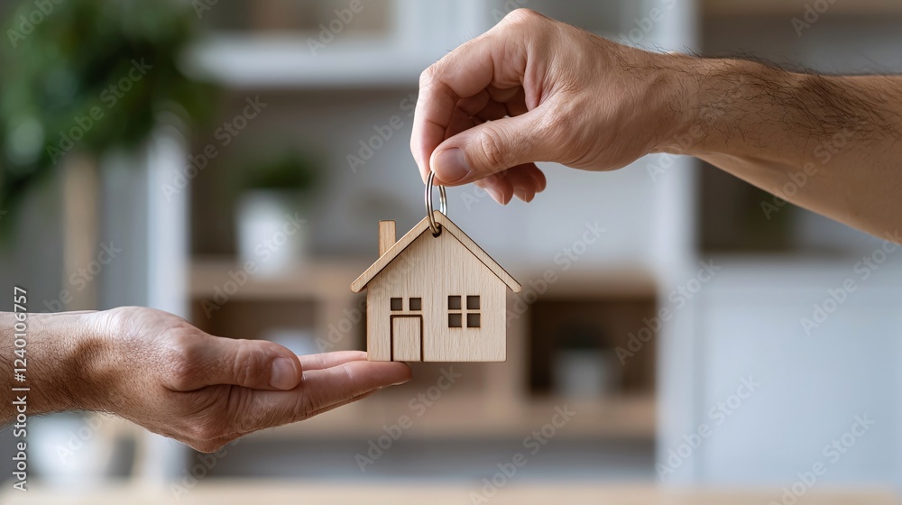 Home loan estate investment concept. A hand transfers a wooden house keychain, symbolizing homeownership and real estate transactions.