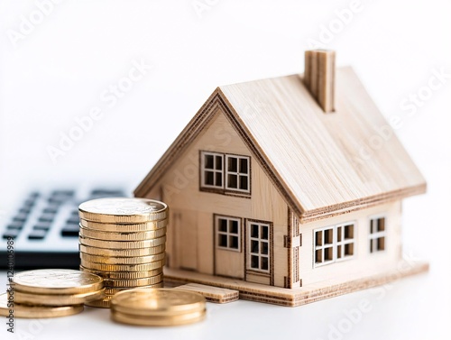 Obraz na płótnie Home loan estate investment concept. Wooden house model next to stacks of coins and a calculator, symbolizing real estate investment and financial planning. w salonie