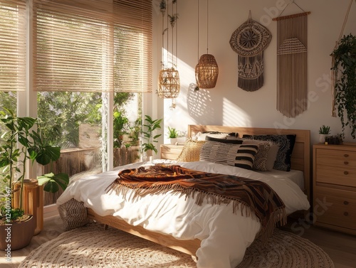 Sunlit Bohemian Bedroom With Wooden Bed And Plants photo