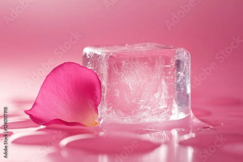 Pink rose petal and ice cube melting on pink surface