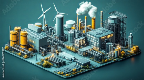 Isometric representation of a renewable energy center showcasing clean energy production and technology innovation
